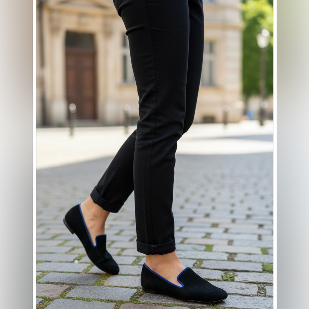 Cole Haan Classic black suede heavy royal blue grosgrain ribbon trim Flat 9.5